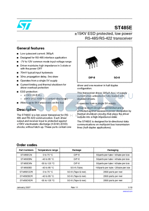 ST485E datasheet - a15KV ESD protected, low power RS-485/RS-422 transceiver