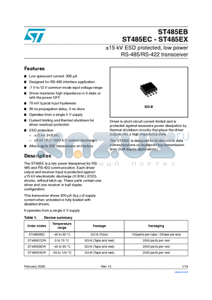 ST485EB datasheet - /-15 kV ESD protected, low power RS-485/RS-422 transceiver