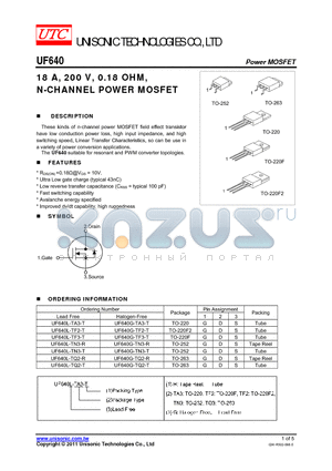 UF640G-TQ2-T datasheet - 18 A, 200 V, 0.18 OHM, N-CHANNEL POWER MOSFET