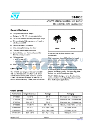 ST485EBN datasheet - a15KV ESD protected, low power RS-485/RS-422 transceiver