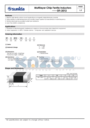 SFI-D2012-333 datasheet - Multilayer Chip Ferrite Inductors