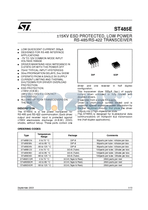 ST485ECN datasheet - a15KV ESD PROTECTED, LOW POWER RS-485/RS-422 TRANSCEIVER