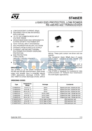 ST485ERBN datasheet - 5KV ESD PROTECTED, LOW POWER RS-485/RS-422 TRANSCEIVER