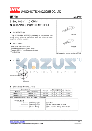 UF730-TA3-T datasheet - 5.5A, 400V, 1.0 OHM, N-CHANNEL POWER MOSFET