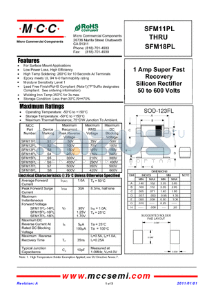 SFM12PL datasheet - 1 Amp Super Fast Recovery Silicon Rectifier 50 to 600 Volts
