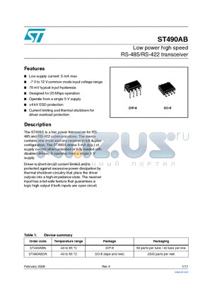 ST490AB datasheet - Low power high speed RS-485/RS-422 transceiver