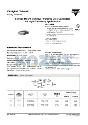 VJ0603Q101CXAA0805 datasheet - Surface Mount Multilayer Ceramic Chip Capacitors for High Frequency Applications