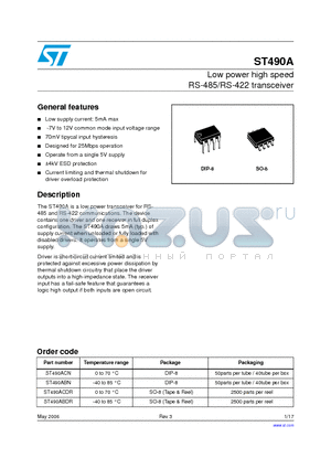 ST490A_06 datasheet - Low power high speed RS-485/RS-422 transceiver