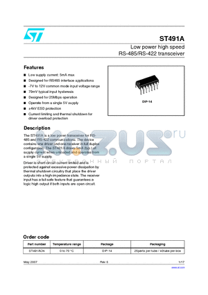 ST491A_07 datasheet - Low power high speed RS-485/RS-422 transceiver