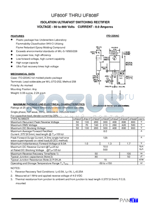 UF801F datasheet - ISOLATION ULTRAFAST SWITCHING RECTIFIER(VOLTAGE - 50 to 800 Volts CURRENT - 8.0 Amperes)