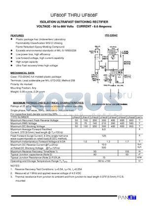 UF803F datasheet - ISOLATION ULTRAFAST SWITCHING RECTIFIER(VOLTAGE - 50 to 800 Volts CURRENT - 8.0 Amperes)