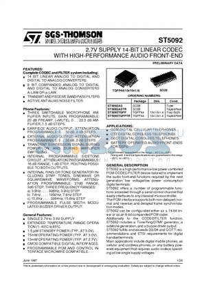 ST5092ADTR datasheet - 2.7V SUPPLY 14-BIT LINEAR CODEC WITH HIGH-PERFORMANCE AUDIO FRONT-END