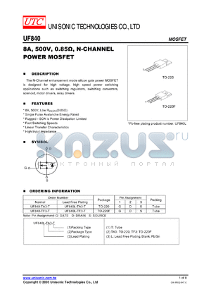 UF840-TF3-T datasheet - 8A, 500V, 0.85ohm, N-CHANNEL POWER MOSFET