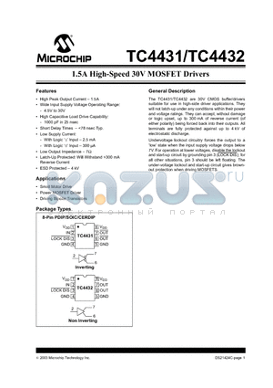 TC4432COA713 datasheet - 1.5A High-Speed 30V MOSFET Drivers