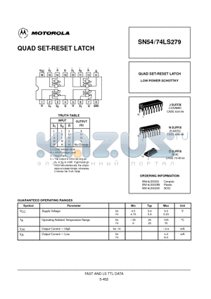 SN74LS279N datasheet - QUAD SET-RESET LATCH