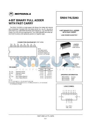 SN74LS283D datasheet - 4-BIT BINARY FULL ADDER WITH FAST CARRY