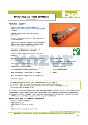 SFP-1GBT-03 datasheet - 10/100/1000Base-T RJ45 SFP Module