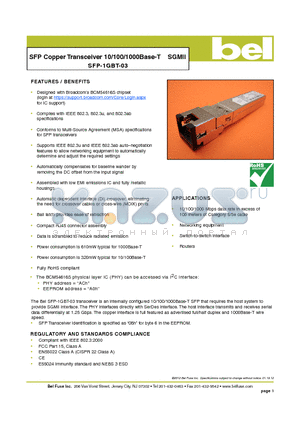 SFP-1GBT-03_12 datasheet - SFP Copper Transceiver 10/100/1000Base-T SGMII