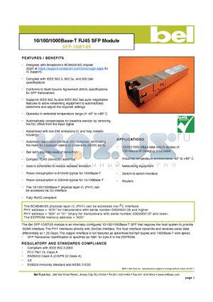 SFP-1GBT-05 datasheet - 10/100/1000Base-T RJ45 SFP Module