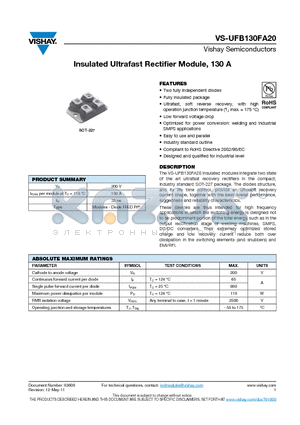 UFB130FA20 datasheet - Insulated Ultrafast Rectifier Module, 130 A