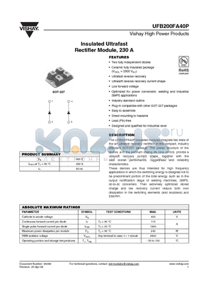 UFB200FA40 datasheet - Insulated Ultrafast Rectifier Module, 230 A