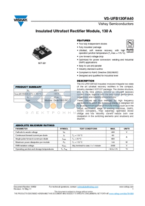 UFB130FA40 datasheet - Insulated Ultrafast Rectifier Module, 130 A