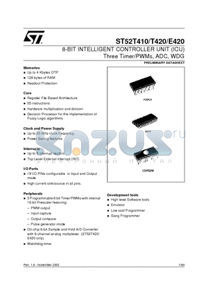 ST52E420G2D6 datasheet - 8-BIT INTELLIGENT CONTROLLER UNIT ICU Three Timer/PWMs, ADC, WDG