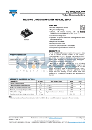 UFB280FA40 datasheet - Insulated Ultrafast Rectifier Module, 280 A