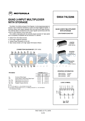 SN74LS298D datasheet - QUAD 2-INPUT MULTIPLEXER WITH STORAGE