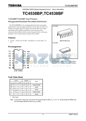 TC4538BF datasheet - Dual Precision Retriggerable/Resettable Monostable Multivibrator