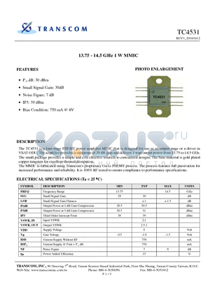 TC4531 datasheet - 13.75 - 14.5 GHz 1 W MMIC