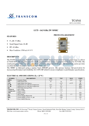 TC4541 datasheet - 13.75 - 14.5 GHz 2W MMIC