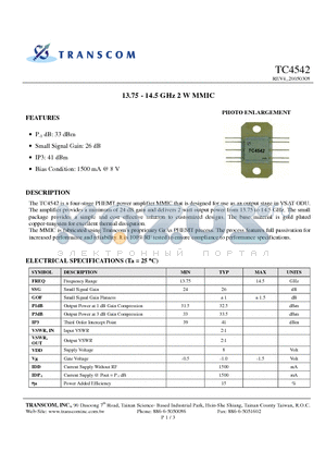TC4542 datasheet - 13.75 - 14.5 GHz 2 W MMIC