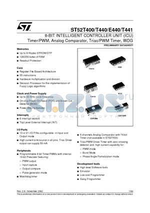 ST52T400 datasheet - 8-BIT INTELLIGENT CONTROLLER UNIT ICU Timer/PWM, Analog Comparator, Triac/PWM Timer, WDG