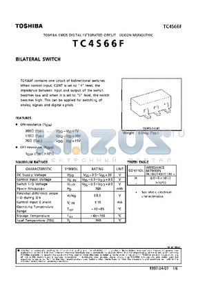 TC4S66F datasheet - BILATERAL SWITCH