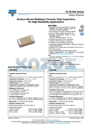 VJ0805 datasheet - Surface Mount Multilayer Ceramic Chip Capacitors for High Reliability Applications