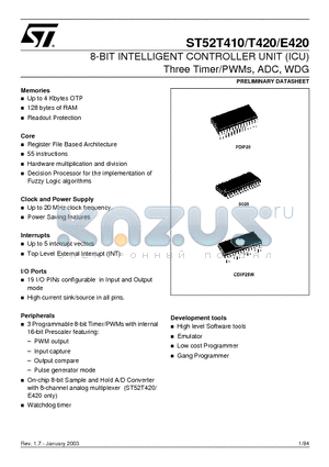 ST52T420 datasheet - 8-BIT INTELLIGENT CONTROLLER UNIT (ICU) Three Timer/PWMs, ADC, WDG