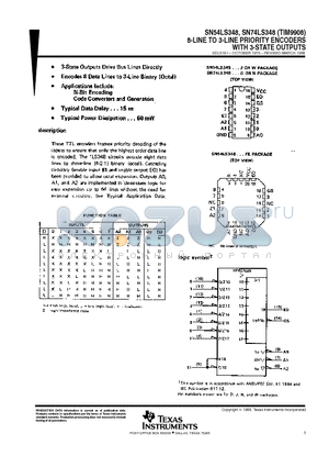 SN74LS348 datasheet - 8-LINE TO 3-LINE PRIORITY ENCODERS WITH 3-STATE OUTPUTS