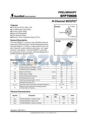 SFP70N06 datasheet - N-Channel MOSFET