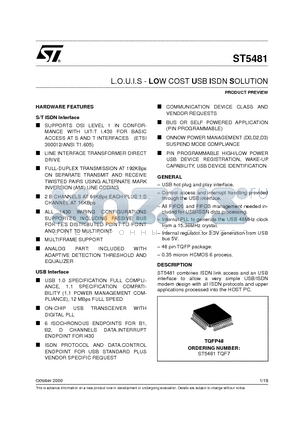 ST5481TQF7 datasheet - L.O.U.I.S - LOW COST USB ISDN SOLUTION