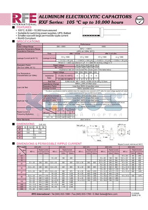 RXF datasheet - ALUMINUM ELECTROLYTIC CAPACITORS RXF Series: 105 C up to 10,000 hours