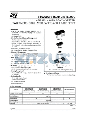 ST6200 datasheet - 8-BIT MCUs WITH A/D CONVERTER, TWO TIMERS, OSCILLATOR SAFEGUARD & SAFE RESET