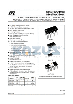 ST6200CM6 datasheet - 8-BIT OTP/EPROM MCUs WITH A/D CONVERTER, OSCILLATOR SAFEGUARD, SAFE RESET AND 16 PINS