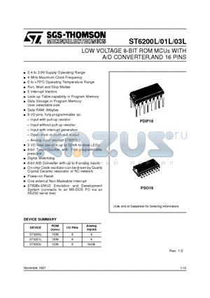 ST6200LM1 datasheet - LOW VOLTAGE 8-BIT ROM MCUs WITH A/D CONVERTER,AND 16 PINS