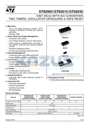 ST6200C datasheet - 8-BIT MCUs WITH A/D CONVERTER, TWO TIMERS, OSCILLATOR SAFEGUARD & SAFE RESET