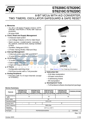 ST6208BB1/OTP datasheet - 8-BIT MCUs WITH A/D CONVERTER, TWO TIMERS, OSCILLATOR SAFEGUARD & SAFE RESET