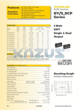 RY-0512DCP datasheet - 1 Watt SIP7 Single & Dual Output