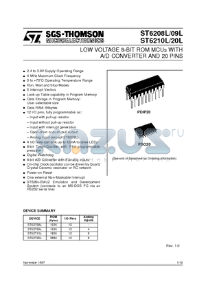 ST6209LB1 datasheet - LOW VOLTAGE 8-BIT ROM MCUs WITH A/D CONVERTER AND 20 PINS