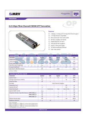SFPFC4CW01 datasheet - 4.25 Gbps Fibre Channel CWDM SFP Transceiver