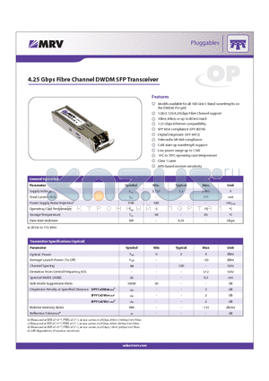 SFPFC4DW04 datasheet - 4.25 Gbps Fibre Channel DWDM SFP Transceiver